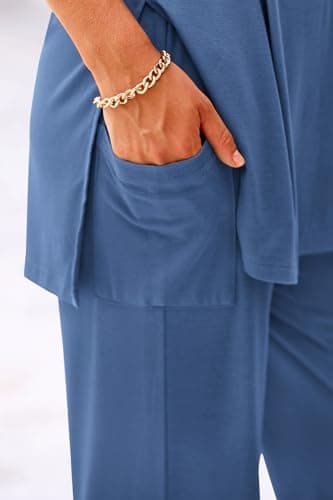 KIRUNDO 2 Piece Lounge Sets for Women Airport Travel Vacation Outfits Summer Casual Loose Short Sleeve Tops & Wide Leg Pants(Blue, Small) - Thumbnail 5