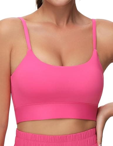 THE GYM PEOPLE Women's Adjustable Longline Sports Bras Scoop Neck Padded Wireless Workout Yoga Tops Bright Pink - Image 1
