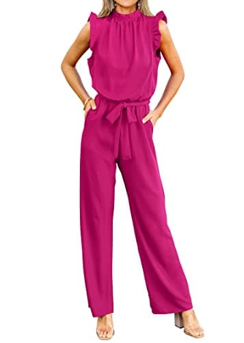 KIRUNDO Jumpsuits For Women Dressy Summer One Piece Sleeveless Ruffle Mock Neck Belt Pockets Formal Wide Leg Pants Romper(Rose Red, XX-Large) - Image 1