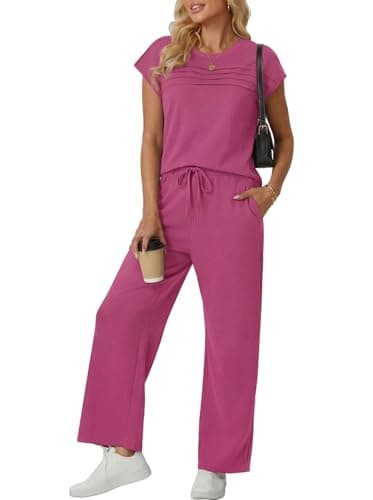 GRECERELLE Matching Sets for Women 2 Piece Summer Travel Outfit Cap Sleeve Top and Wide Leg Pants Set with Pockets Casual Lounge Vacation Airport Outfit - Image 1