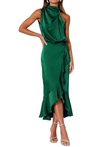 KIRUNDO Women 2026 Spring Summer Satin Mock Neck Wedding Guest Party Cocktail Midi Dress Sleeveless Wrap Ruffle Formal Dress(Deep Green, Medium) - Image 1