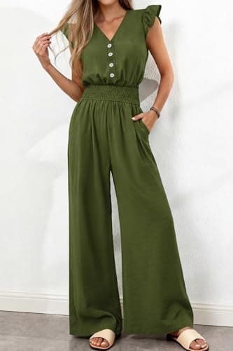 dowerme Women's Jumpsuits Dressy Casual 2026 Summer Ruffle Cap Sleeve V Neck Button Smocked Rompers Wide Leg Overalls(Army Green,Medium) - Thumbnail 3