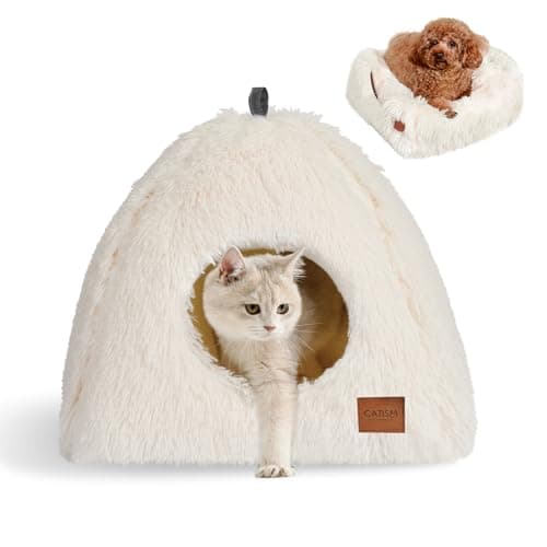 CATISM Cat Bed, Cat Cave for Indoor Cats, Soft Cat Dome, Self-Warming 2 in 1 Foldable Pet Cat House with Washable Cushioned Pillow Calming Fluffy Dog Beds for Small Dogs with Anti-Slip Bottom White - Image 1