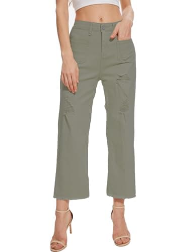 DAOAO Wide Leg Distressed Jeans for Women Ripped Jeans Cropped Pants Stretchy Green XL - Image 1