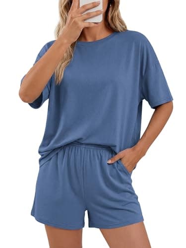 BTFBM 2 Piece Short Sets For Women 2026 Summer Airport Travel Vacation Outfits Loose Matching Clothing Spring Lounge Set(Grey Blue, Small) - Thumbnail 6