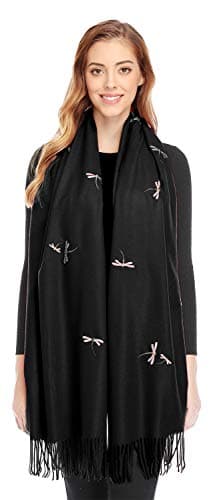 Bienvenu Dragonfly Detail Large Women Soft Cashmere Wool Wraps Shawls Stole Scarf,Black - Thumbnail 3