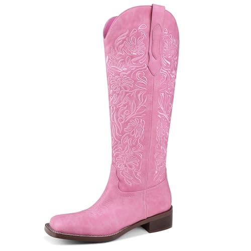GPXGPX Womens Cowboy Boots Knee High Cowgirl Boots Square Toe, Low Block Heel Comfortable Pull On Western Embroidered Tall Boots Pink 7 - Image 1