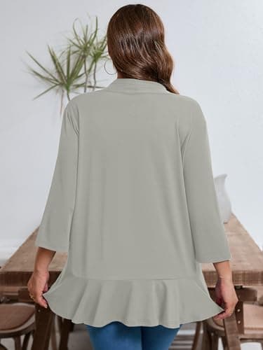 AusLook Women's Plus Size 3/4 Sleeve Lightweight Open Front Cardigan Light Gray 4X Draped Ruffles Causal Cover Ups Shrugs Tops Shawls and Wraps Kimono Jacket Coat - Thumbnail 2