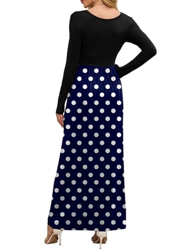 DEARCASE Long Sleeve Maxi Dresses for Women Blue Polka Dots Small Round Neck Boho A-line Casual Hawaiian Sundress Flowy Elegant Party Vacation Spring Summer Beach Long Sun Dresses with Pockets - Thumbnail 3