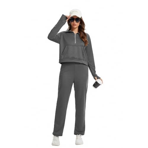 Anyshe Women's 2 Piece Sweatsuit Set Lounge Set Half Zip Sweatshirt with Kangaroo Pocket Thumb Holes Wide Leg Drawstring Pants Casual Tracksuit for Travel Daily Wear, Charcoal Grey, X-Large - Thumbnail 5
