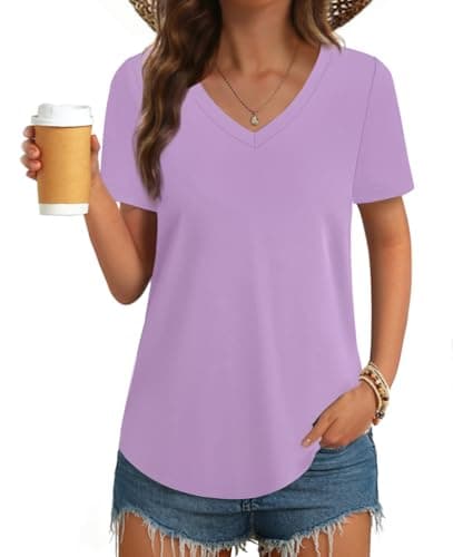 GKBK Women Cotton Shirts V Neck Loose Fit T Shirts Short Sleeve Summer Curved Hem Plain Tee Top Purple XL - Image 1