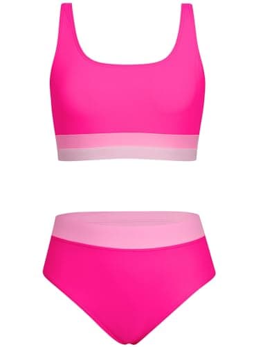 Alakuoti Girls Swimsuit Color Block Adjustable Straps Bikini Sets Teen Girl Two Piece Bathing Suits with Chest Pad Size 14 Rose Red - Image 1