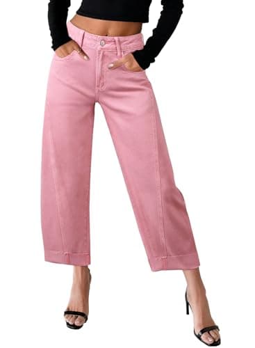 Sidefeel Women's Jean Capri Wide Leg High Waisted Stretchy Rolled Hem Summer Outfits Cropped Pants Size 4 Pink - Image 1
