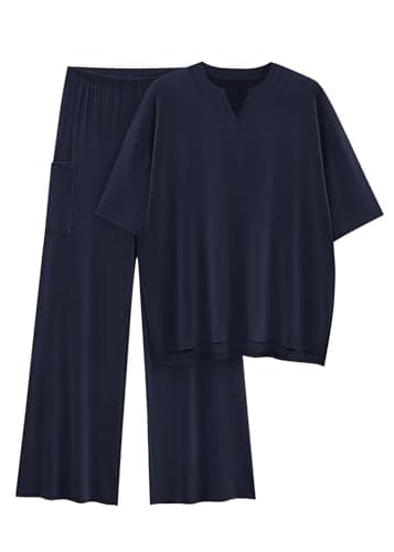 KIRUNDO Two Piece Sets for Women Lounge Set Airport Travel Summer Outfits 2026 Comfy Short Sleeve Top Matching Wide Leg Pants(Navy Blue, Medium) - Image 1