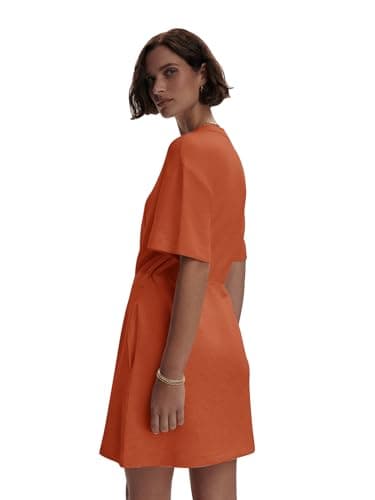 COCOMARTS Dresses for Women Summer Short Sleeve Crew Neck Sweatshirt Dress Drawstring Waist Tunic Tops Mini Vacation Sundress Orange Small - Thumbnail 4