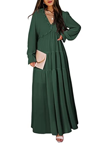 BLENCOT Womens Casual Boho Floral V Neck Long Sleeve Long Evening Dress Maxi Wedding Dresses Printed Solid Dark Green L - Image 1