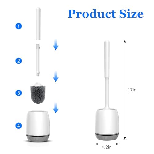 EZKEY Toilet Brush, 2 Pack Toilet Bowl Brush and Holder Set Ergonomic Long Handle Toilet Scrubber with Ventilated Base for Quick Drying, for Bathroom Cleaning, White & Gray - Thumbnail 2