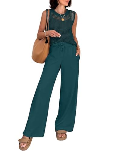 ANRABESS Women 2 Piece Summer Outfits 2026 Crochet Sweater Vest Wide Leg Pants Lounge Matching Sets Travel Vacation Clothes Dark Teal Medium