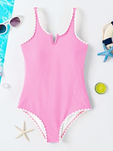 AMAWMW Girls Swimsuit One Piece Swimsuits Contrast Color V-Neck Bathing Suit Adjustable Straps Girls' Swimwear Pink 11-12Y - Thumbnail 6