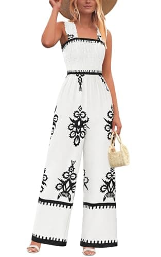 PRETTYGARDEN Womens Jumpsuit Casual One Piece Boho Summer Outfits Shirred Strap Wide Leg Long Pants Rompers With Pockets (White Black Flower, Small)