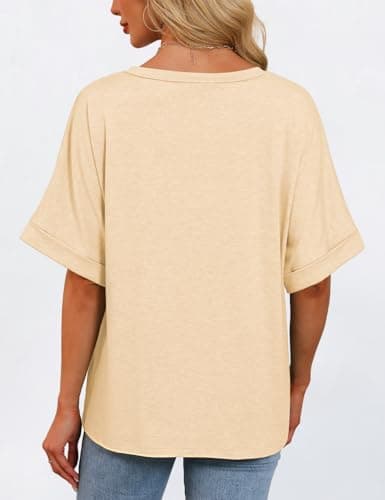 GKBK Womens Oversized T Shirts V Neck Loose Fit Shirts Short Sleeve Summer Casual Tops 2025 Trendy Blouses Y2K Plain Tees Apricot XXL - Thumbnail 4