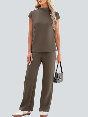 Casly Lamiit Two Piece Lounge for Women Summer Mock Neck Short Sleeve Tops Lounge Set Travel Airport Vacation Outfits Resort Wear Coffee M - Thumbnail 2