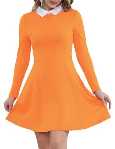 Aphratti Women's Long Sleeve Casual Fall Dresses 2025 Peter Pan Collar A Line Fit and Flare Skater Goth Dress Orange X-Small - Image 1