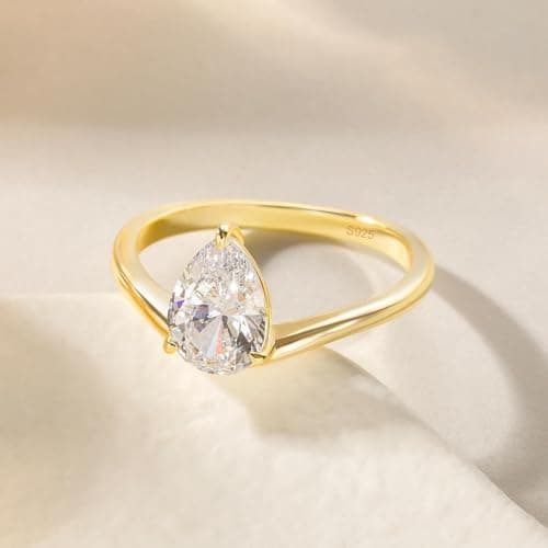EAMTI 2CT 925 Sterling Silver Engagement Rings for Women Pear CZ Bands Solitaire Cubic Zirconia Curved Wedding Promise Gold Rings for Her Size 9 - Thumbnail 3