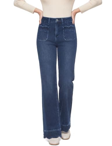 ZPIUO Women's Patch Pocket Wide Leg Jeans High Waisted Stretchy Jeans Trendy Loose Fit Straight Leg Denim Pants Dark Blue Size 8