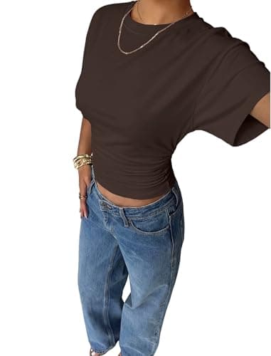 Sampeel Summer Tops for Women 2026 Trendy Crewneck Oversized Tshirts Shirts Loose Fit Plain T Shirts Clothes Fashion Clothing Going Out Crop Tops Chocolate Brown L - Thumbnail 4