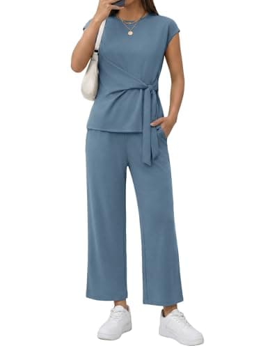 Casly Lamiit Lounge Sets for Women Summer Travel Cruise Outfits Crew Neck Belted Crop Top Casual Tracksuit 2026 Blue Grey L - Image 1