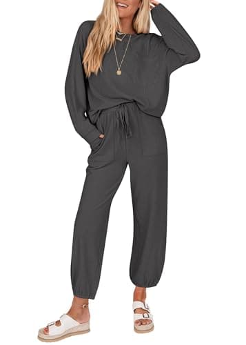 KIRUNDO Lounge Sets for Women 2026 Fall Airport Travel Outfits Ribbed Knit Tops Jogger Pants Tracksuit Postpartum Comfy Set(Dark Grey, Small) - Image 1