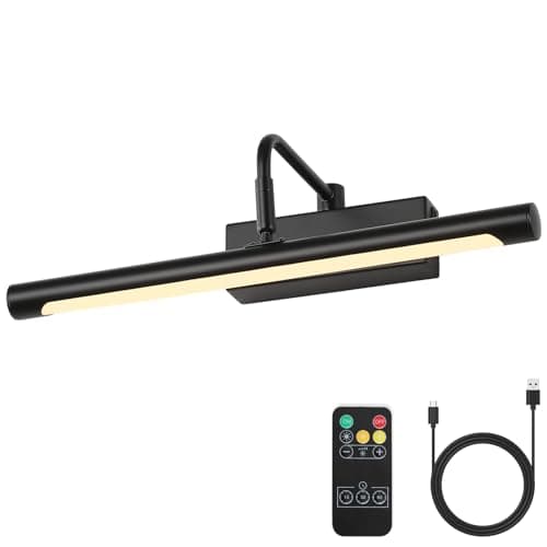 Joosenhouse Wireless Picture Light Battery Operate Library Light 15Inch 5000mAh Rechargeable Gallery Light with Remote Control Dimmer and Timer Off Function Black Wall Light