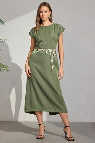 Women Army Green Cap Sleeve Split Shift Office Decorative Waist Chain Dress - Thumbnail 6