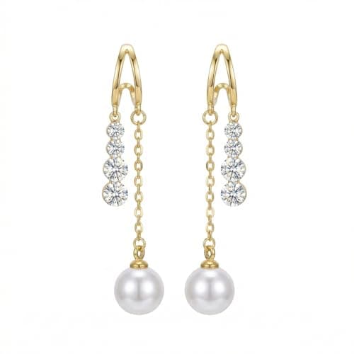 Pearl Drop Earrings for Women, Gold Dangle Earrings with Cubic Zirconia, Dainty Long Chain Earrings Lightweight Bridal Wedding Earrings, Elegant Jewelry Gift for Women - Image 1