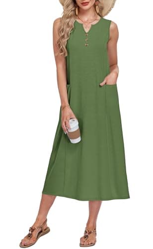 MOLERANI Casual Midi Dress with Pockets V Neck Button Down for Women Loose Fit Outfits for Women, Deep Army Green, 3XL - Image 1