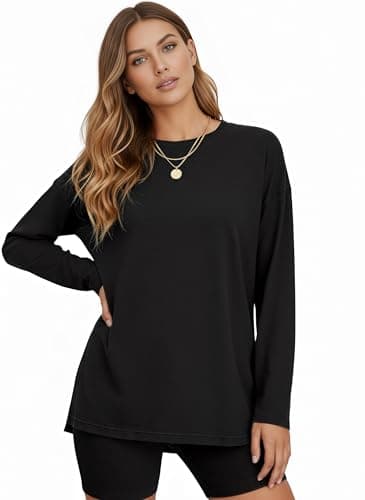 Tankaneo Women's Oversized Long Sleeve Tunic Tops Casual Crewneck Loose Fit T-Shirt with Side Slits 2026 Black - Thumbnail 4