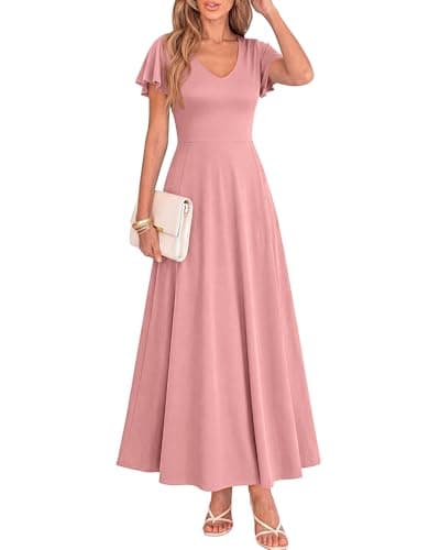 BTFBM Formal Dresses for Women Summer Outfits V Neck Ruffle Sleeve A Line Maxi Elegant Cocktail Wedding Guest Dress 2026(Pink, Large) - Image 1