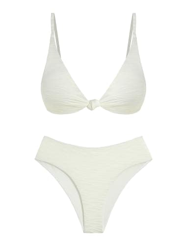 ZAFUL Two Piece High Cut Bathing Suits for Woman Sexy V Neck Knot Front Push Up Swimsuits Cheeky High Wasited Bikini Set White M - Image 1
