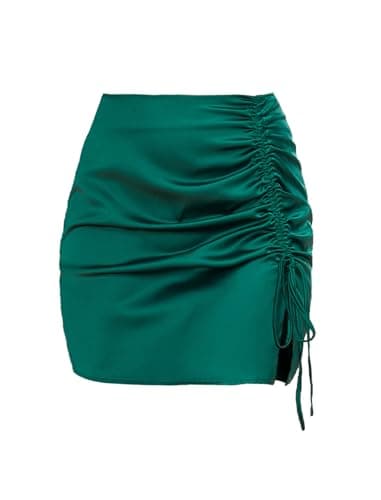 ZAFUL Women Satin Mini Skirts Sexy High Waisted Ruched Silk Bodycon Split Zipper Short Skirt Brown M - Image 1