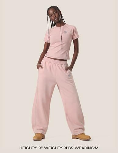 Aelfric Eden Cloud Slim Sweat Set 2 Piece Sets for Women Summer Short Sleeve Tops High Waist Baggy Barrel Pants Tracksuit Sets Pink Small - Thumbnail 2