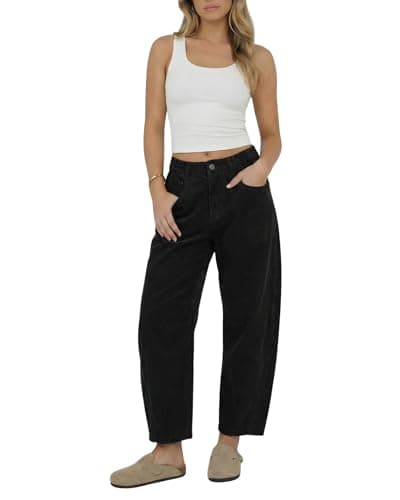 OctMoon Women’s Corduroy Barrel Pants Mid-Rise Elastic Waist Corduroy Pants Wide Leg Trousers Casual Wide Leg Baggy Trouser with Pockets(Black)-S - Image 1