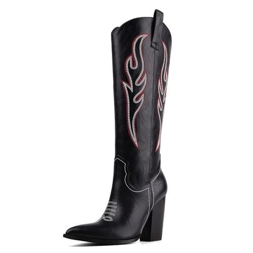 Celbreez Cowboy Boots for Women Black Cowgirl Boots with Embroidered Knee High Cowboy Boot Women Pointed Toe Side Zipper Western Boot Leather Wide Calf Chunky Heel Country Shoes - Image 1