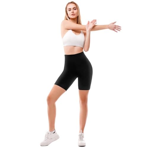 Leafigure 2 Pack Biker Shorts for Women 6" High Waisted Gym Shorts for Yoga Workout Black L-XL - Thumbnail 2