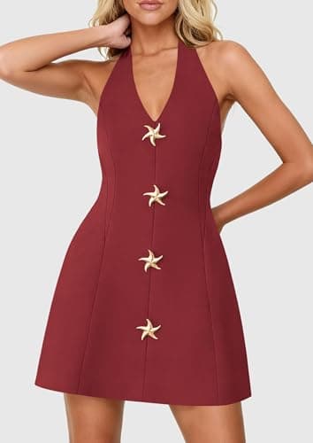 PRETTYGARDEN Summer Cocktail Dresses for Women Short 2026 Spring Halter V Neck Beach Party Backless A Line Mini Dress (Burgundy,Large) - Thumbnail 5