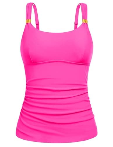 Bathing Suit Top Womens Tummy Control Swimsuits U Neck Modest Bathing Swim Tops Hot Pink S - Image 1