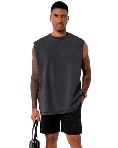Tank Tops Men Summer Sleeveless Shirts Loose Fit Workout Tops Acid Wash Cotton Tshirts, Plain Black, S - Thumbnail 5