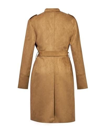 Women's Faux Suede Trench Coat - Classic long trench coat for women with Notched Collar, Double-Breasted Buttons, Adjustable Waist Belt, Warm & Stylish Faux Suede Jacket for Fall & Winter(Brown)-M - Thumbnail 4