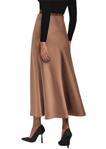 KIRUNDO Women's Satin Maxi Skirt 2026 Summer Fall Trendy High Waisted Wedding Cocktail Party Work Silk A-Line Formal Skirts(X-Large, Coffee) - Thumbnail 2
