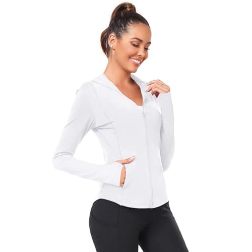 AGVNG Womens UPF 50+ Long Sleeve Hooded Sun Jackets Lightweight Sun Protection Clothing SPF Cooling Shirts Workout Athletic Hiking Running Tops Thumb Hole White M - Thumbnail 2